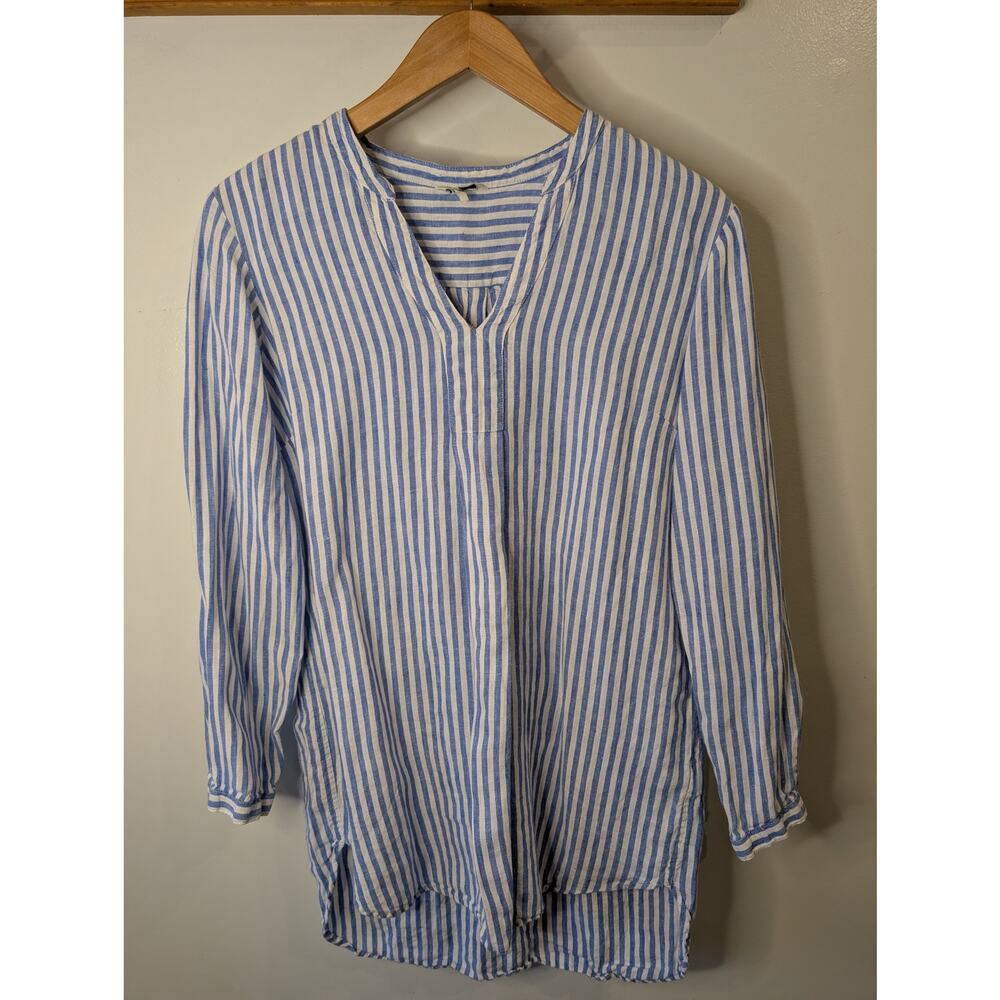 L.L. Bean 100% Linen Striped Tunic Top Blue White V-Neck Long Sleeve M